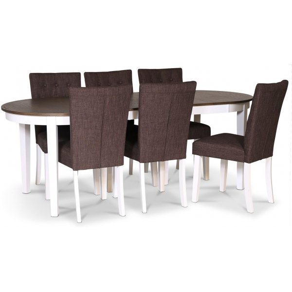 Skagen spisegruppe 160/210 x 90 cm inkl. 6 Crocket brune spisestuestole - Hvid / Brun olieret eg