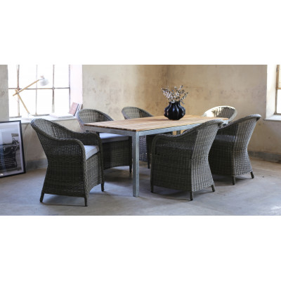 Spisebordsst Alva: Spisebord i teak / galvaniseret stl med 6 Mercury lnestole i gr polyrattan