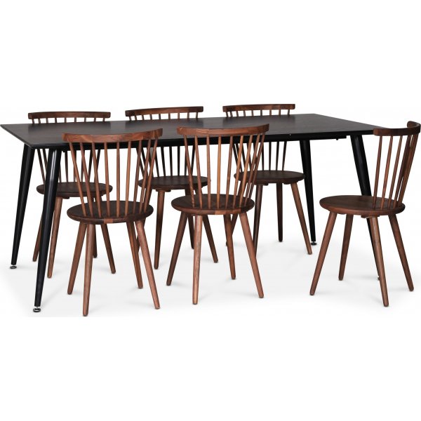 Dipp spisebordsst; spisebord 180x90 cm med 6 stk. Castor pindestole i valnd