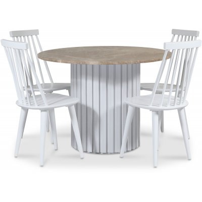 Empire spisegruppe 105 cm inkl. 4 Dalsland hvide udkragningsstole - Empradore marmor / Hvid lamelbund i tr
