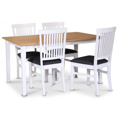 Fr spisebordsst; spisebord 140x90 cm - Hvid/olieret eg med 4 stk. Fr spisebordsstole med ribber i ryggen, sde i grt stof