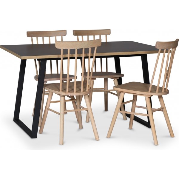 Edge 3.0 spisebordsst 140x90 cm inkl. 4 hvidolierede Orust pindestole - Sort Hjtrykslaminat (HPL)