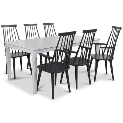Mellby spisegruppe 180 cm bord med 6 sorte Dalsland Cane stole med armln