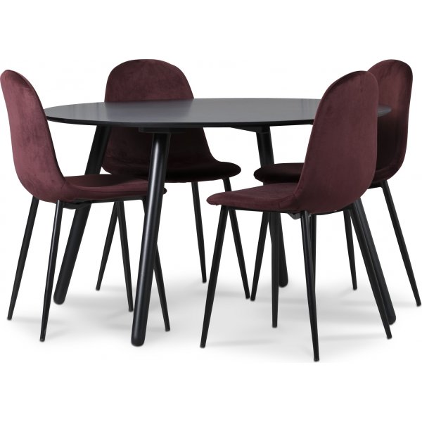 Rosvik spisegruppe, spisebord med 4 stk Carisma fljlstole - Bordeaux / Sort