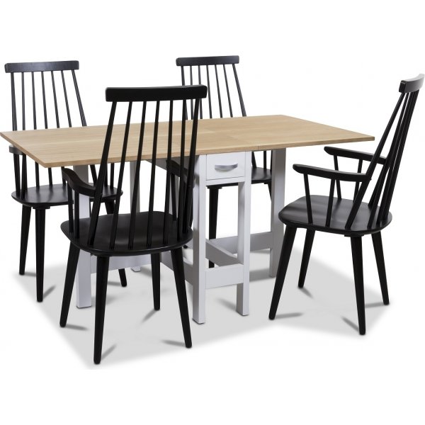 Signum spisegruppe Slagbord hvid/eg med 4 sorte Dalsland stokstole med armln