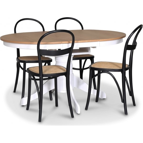 Fitchburg spisebordsst; Ovalt spisebord 106-141 cm - Hvid / Olieret Eg med 4 stk. Danderyd No.16 spisebordsstole Sort