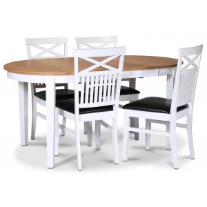 Fr spisebordsst; spisebord 160 / 210x90 cm - Hvid / olieret eg med 4 stk. Fr stole med kryds i ryggen og sde i sort PU