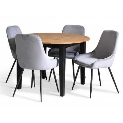 Dalsland spisegruppe: Rundt bord i Eg / Sort med 4 gr Theo stole
