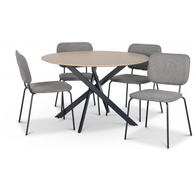 Hogrän spisebordssæt Ø120 cm bord i lyst træ + 4 stk. Lokrume grå stole