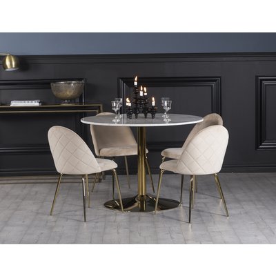 Plaza spisegruppe, marmor bord med 4 stk. Plaza fljlsstole - Beige/Hvid/Messing + Pletfjerner til mbler