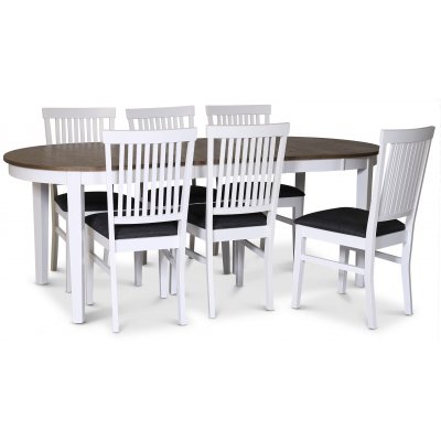 Skagen spisebordsst; spisebord 160/210x90 cm - Hvid / brunolieret eg med 6 stk. Fr stole med grt stofsde