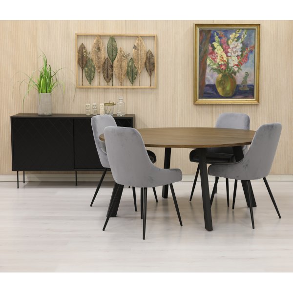 Freddy spisegruppe i rget eg; stort rundt spisebord med 4 gr Theo stole