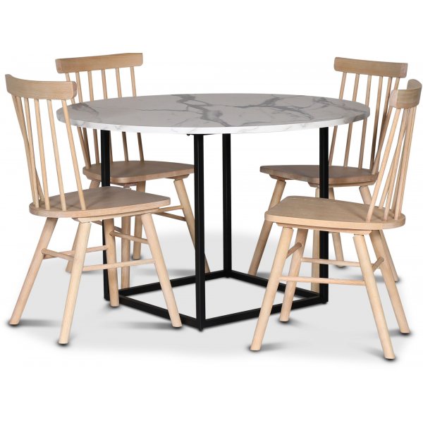 Sintorp spisebordsst, rundt spisebord 115 cm inkl. 4 hvidolierede Orust pindestole - Hvid marmor (Laminat)