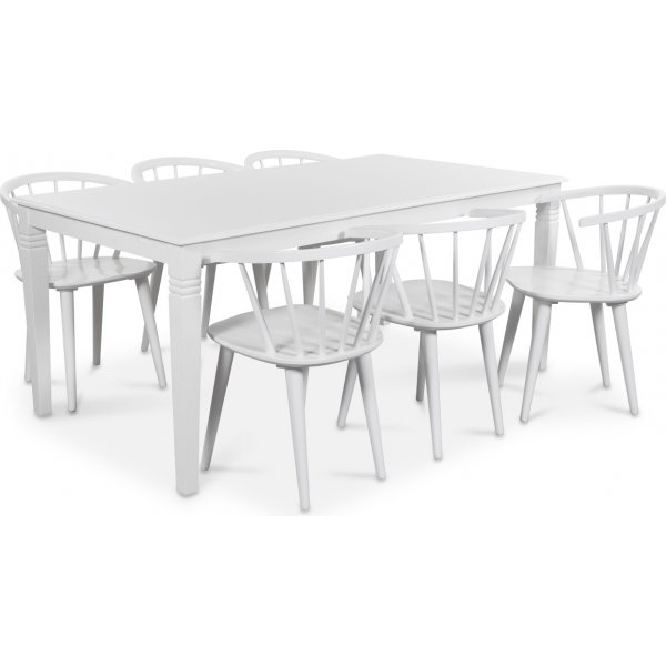Mellby spisegruppe 180 cm bord med 6 hvide Fredrik Pinn stole med stel