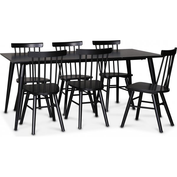 Dipp spisebordsst; spisebord 180x90 cm med 6 stk. sorte Orust pindestole
