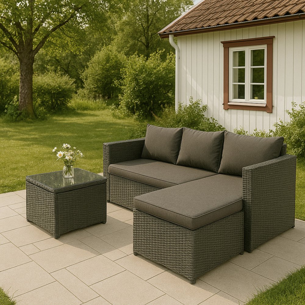 Miami udendørs sofagruppe med bord - Grå kunst-rattan - Loungegrupper, Udemøbler grupper, Havemøbler