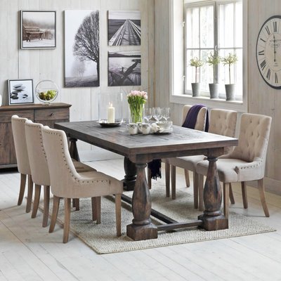Spisegruppe: Lamier spisebord - Brun + 6 x Tuva stol, beige - Let & antik behandlede ben