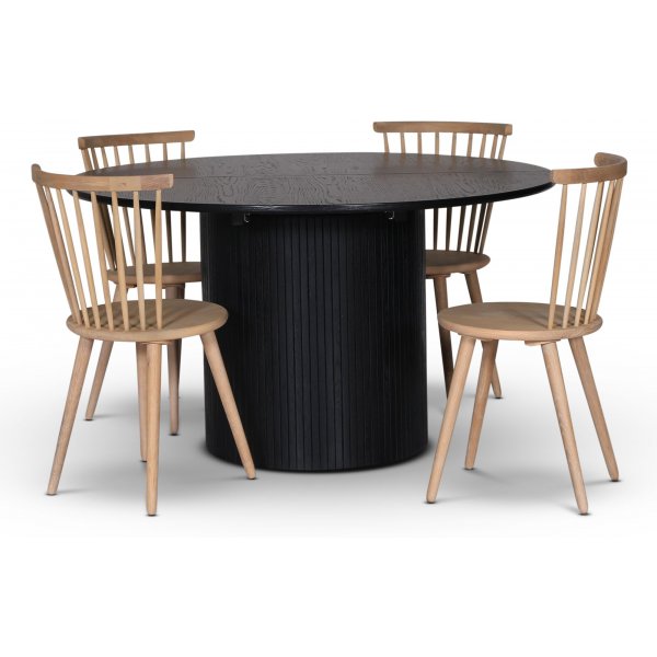 Nova spisebordsst, spisebord, der kan forlnges 130-170 cm inkl. 4 stk. hvidolierede pindestole Castor - Sortbejdset eg