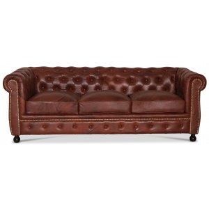 Chesterfield Old England 3-personers sofa - antikbehandlet læder + Møbelplejesæt til tekstiler