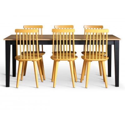 Dalsland spisegruppe: Spisebord i sort/eg med 6 gule stole