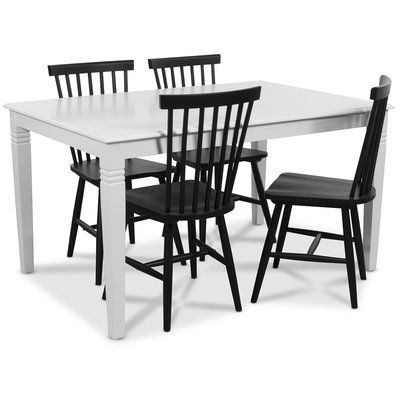 Mellby spisegruppe 140 cm bord med 4 sorte Karl cane stole - Hvid / Sort