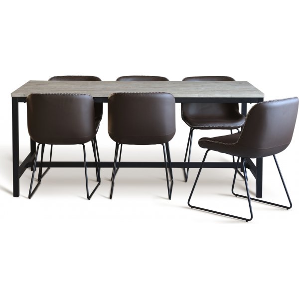 Texas spisegruppe med 6 Texas spisestuestole Brun PU + Texas spisebord hvidkalket 180x90 cm