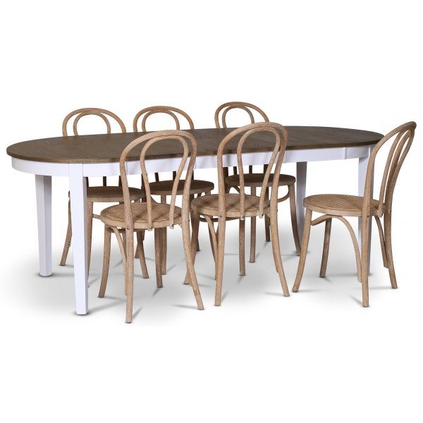 Skagen spisebordsst; spisebord 160/210x90 cm - Hvid / brunolieret eg med 6 stk. Danderyd No.18 stole Whitewash