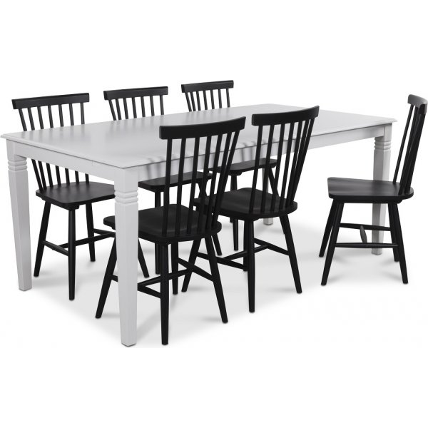 Mellby spisegruppe 180 cm bord med 6 sorte Karl Pinnstolar