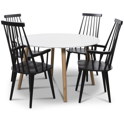 Rosvik spisegruppe Rundt bord hvid/eg med 4 sorte Dalsland Cane stole med armlæn