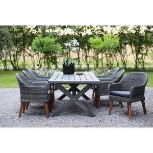 Oxford udendrs spisegruppe; grt bord 220 cm inkl. 6 Valetta lnestole gr syntetisk rattan