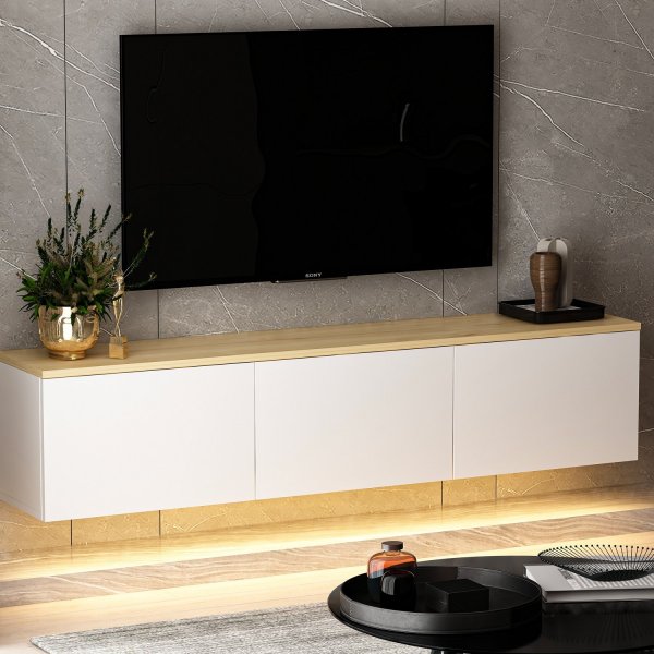 Neon mediebnk med LED-belysning - Hvid/eg