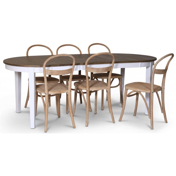 Skagen spisebordsst; spisebord 160/210x90 cm - Hvid / brunolieret eg med 6 stk. Danderyd No.16 stole Whitewash