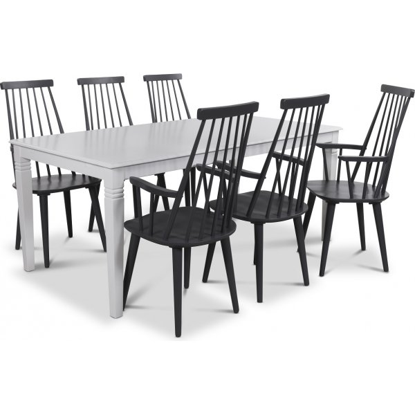 Mellby spisegruppe 180 cm bord med 6 sorte Dalsland Cane stole med armln
