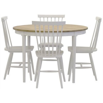 Spisegruppe: Lck spisebord, rundt - hvid / olieret eg + 4 Karl-Oskar stokstole - hvid + Pletfjerner til mbler