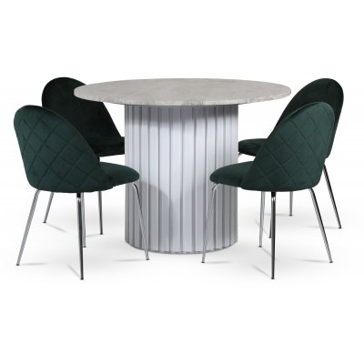 Empire spisegruppe 105 cm inkl. 4 Plaza fljlsgrnne stole - Slv Diana marmor / Hvid lamel trfod