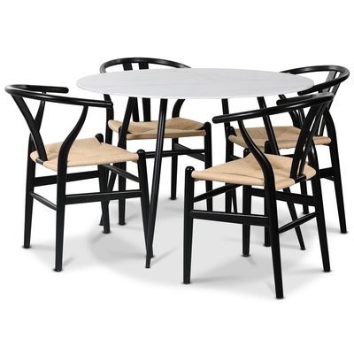 Sund spisegruppe, 110 cm rundt bord + 4 sunde stole sort / rebsde
