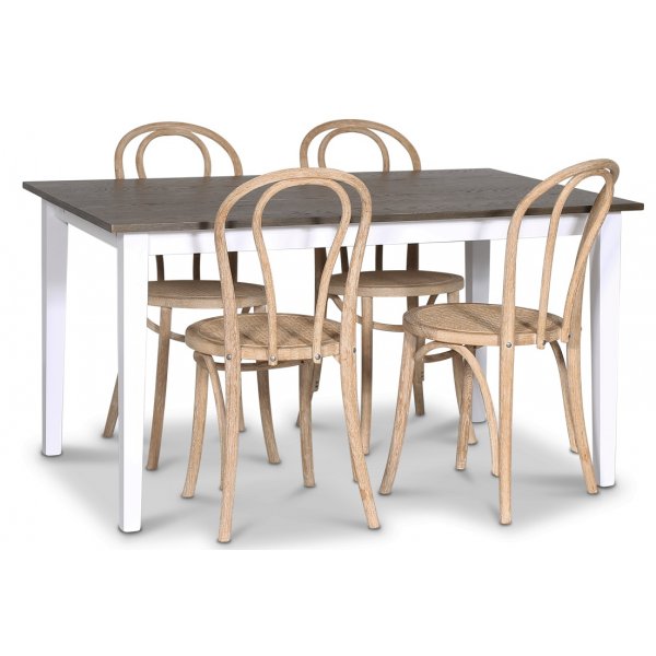 Skagen spisebordsst; spisebord 140 cm - Hvid/brunbejdset eg med 4 stk. Danderyd No.18 spisebordsstole Whitewash