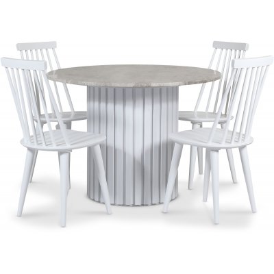 Empire spisegruppe 105 cm inkl. 4 Dalsland hvide udkragningsstole - Slv Diana marmor / Hvid lamel trfod