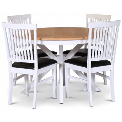 Tromsö spisebordssæt; rundt spisebord 120 cm - Hvid/olieret eg med 4 stk. Fårö stole med sæde i sort PU