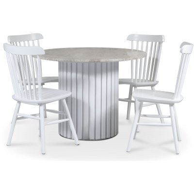 Empire spisegruppe 105 cm inkl. 4 Orust hvide udkragningsstole - Slv Diana marmor / Hvid lamel trfod