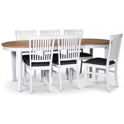 Fr spisebordsst; spisebord 160/210x90 cm - Hvid / olieret eg med 6 stk. Fr stole med sde i grt stof