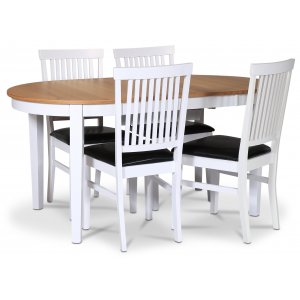 Fr spisebordsst; spisebord 160/210x90 cm - Hvid / olieret eg med 4 Fr stole med sort PU-sde