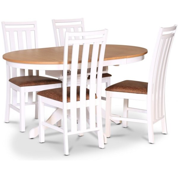 Fitchburg spisegruppe 106-141 cm inkl. 4 Skagen hvide spisestuestole - Hvid/Oliet Eg