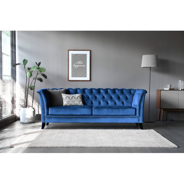 Milton Chesterfield 3-pers. Sofa - Mrkebl fljl + Tekstilrensning til mbler