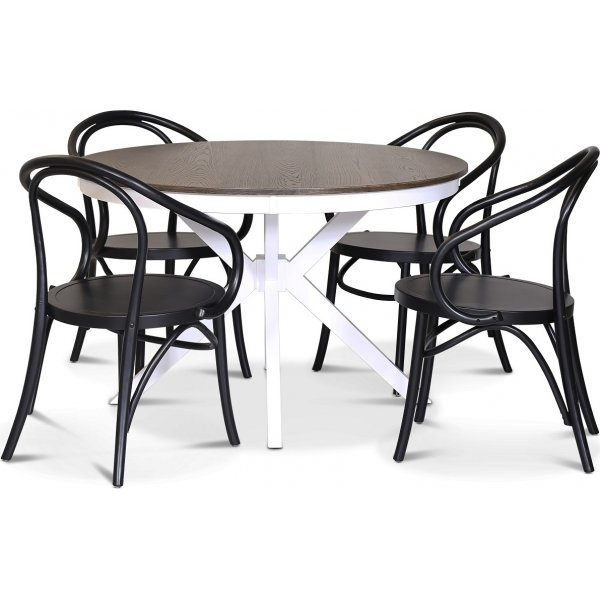 Skagen spisebordsst; rundt spisebord 120 cm - Hvid/brunbejdset eg med 4 stk. Danderyd No.30 stole Sort