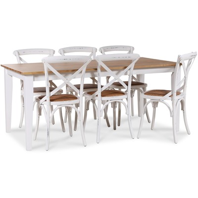 Dalars spisegruppe 180 cm bord hvid/eg + 6 stk. hvide Gaston spisestole