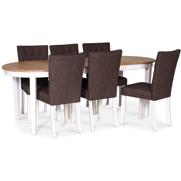Fr spisegruppe 160/210x90 inkl. 6 Crocket brune spisestuestole - Hvid/Eg