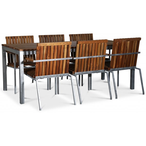Alva spisebordsst inkl. 6 stole - Teak/Galvaniseret stl
