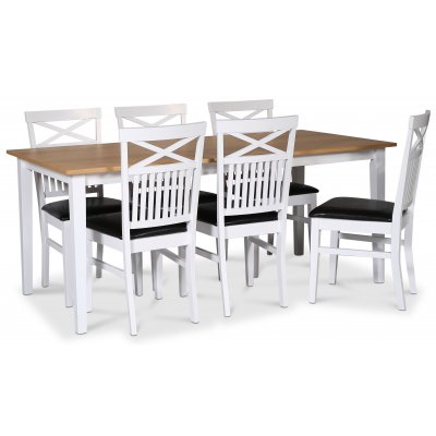 Fr spisebordsst; spisebord 180x90 cm - Hvid/olieret eg med 6 stk. Fr spisebordsstole med kryds i ryggen, sde i sort PU