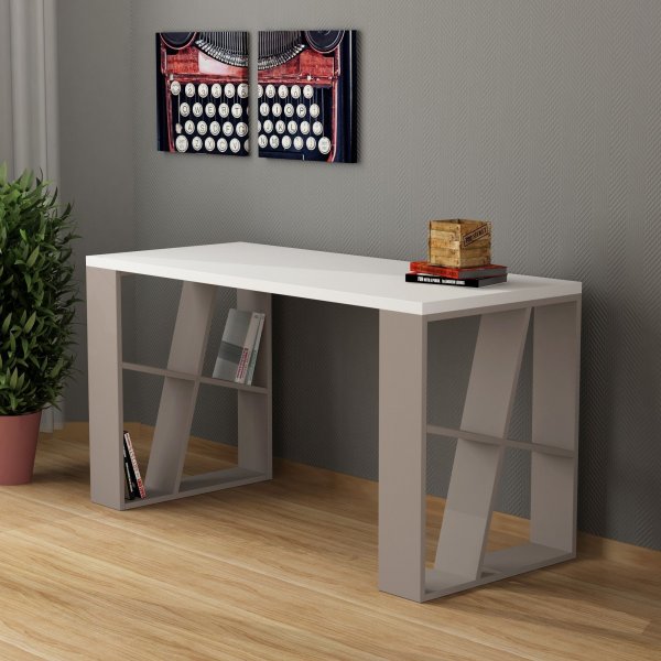 Honning skrivebord 140x60 cm - Hvid/lys ruskind